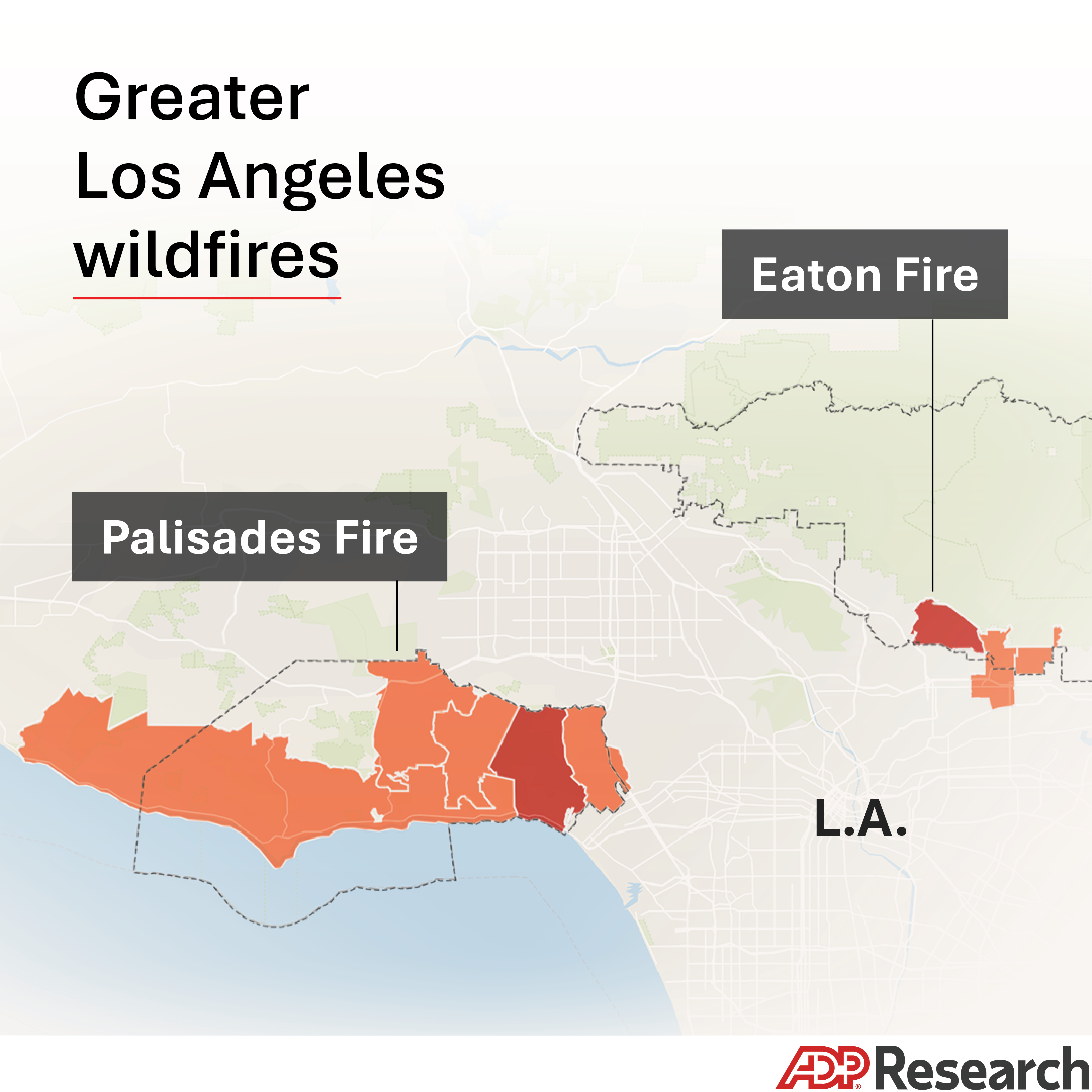 A map of Great Los Angeles fire impacts